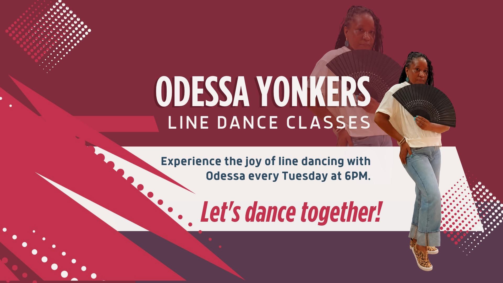 Flyer for Odessa's line dance classes: experience the joy of line dancing every Tuesday at 6 PM. Let's dance together!