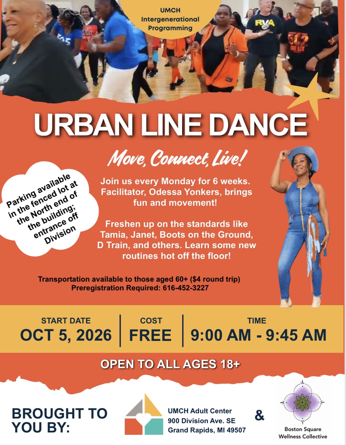 Flyer for Hustle To The Beat: free Monday line dance classes for ages 18 and over, starting October 5, 2026, from 9:00 to 9:45 AM at United Methodist Community House
